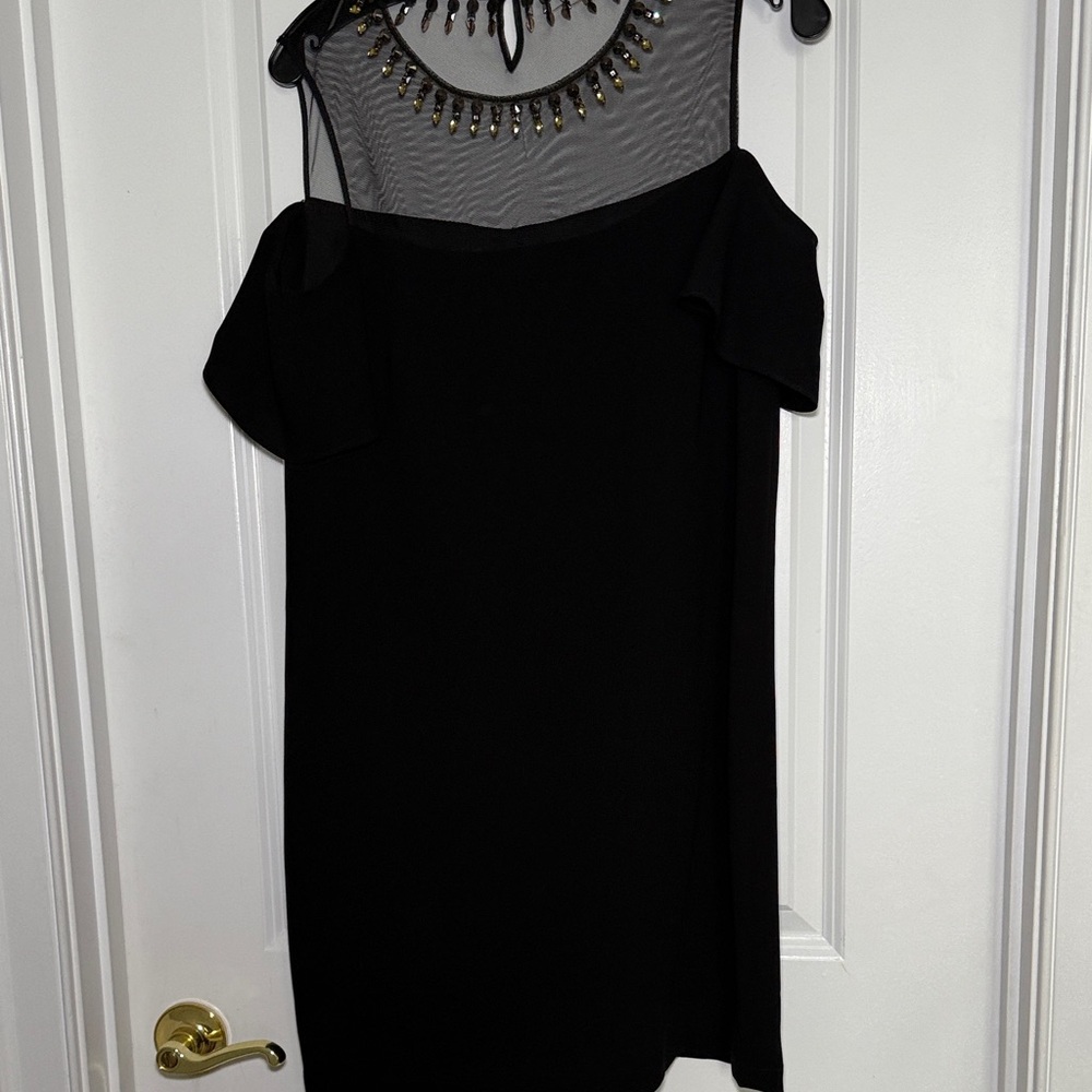 BCBGMAXAZRIA cold shoulder mesh beading dress CANDACE